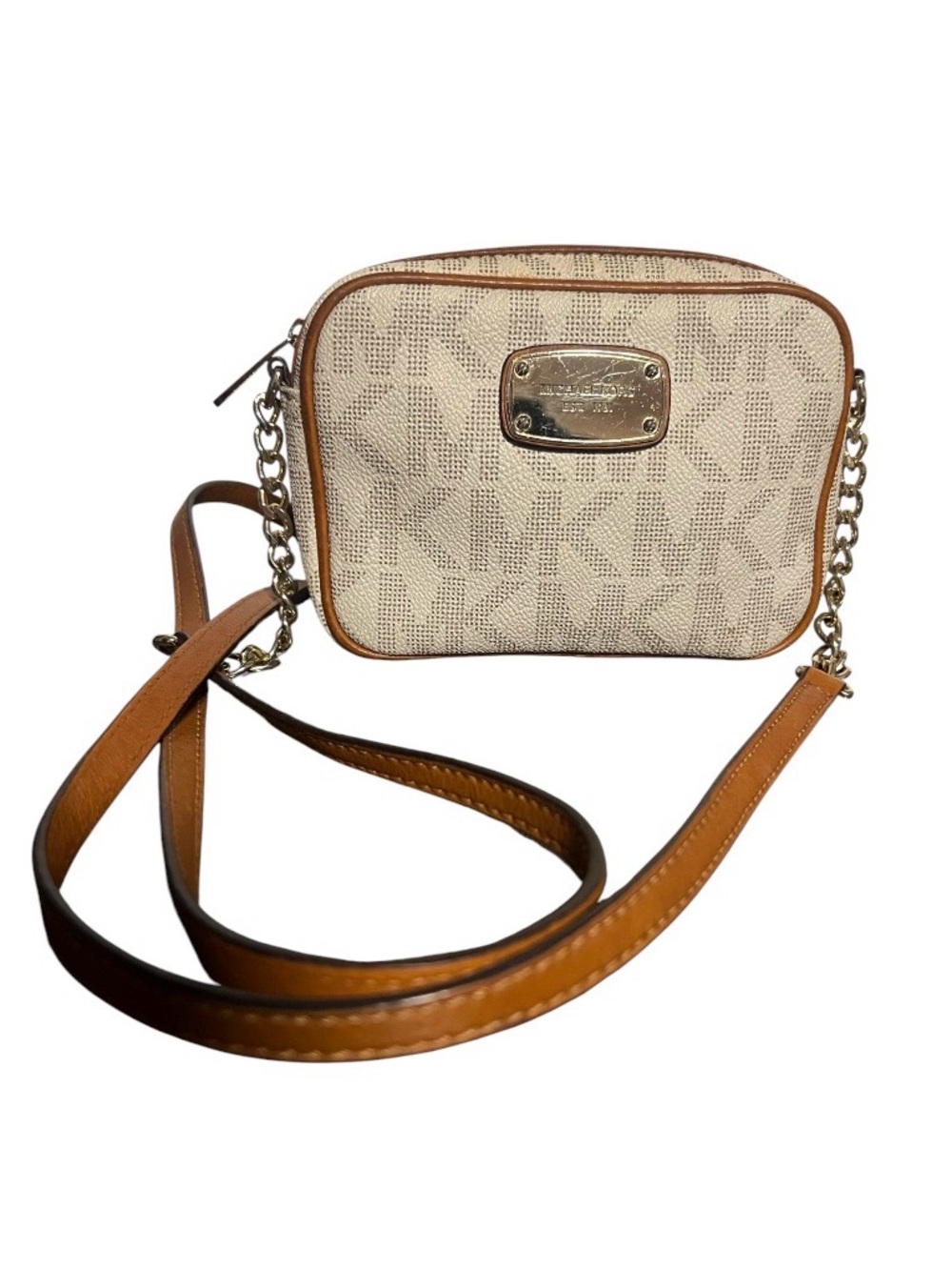 Michael Kors Jet Set Small Crossbody Bag in a vanilla and acorn color trim strap
